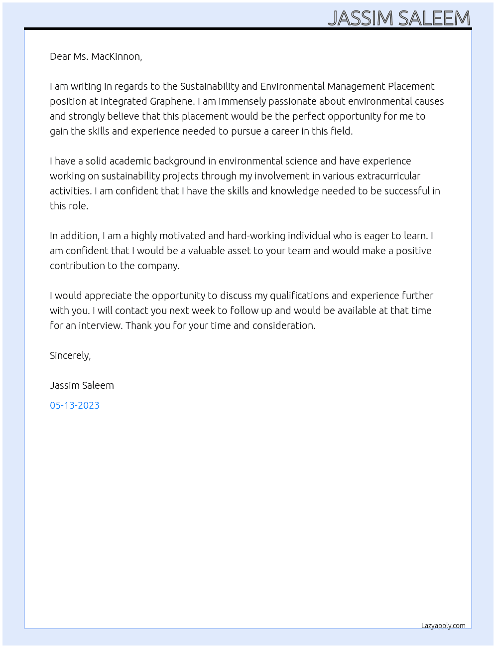 Sustainability and Environmental Management Placement At Integrated Graphene Cover Letter