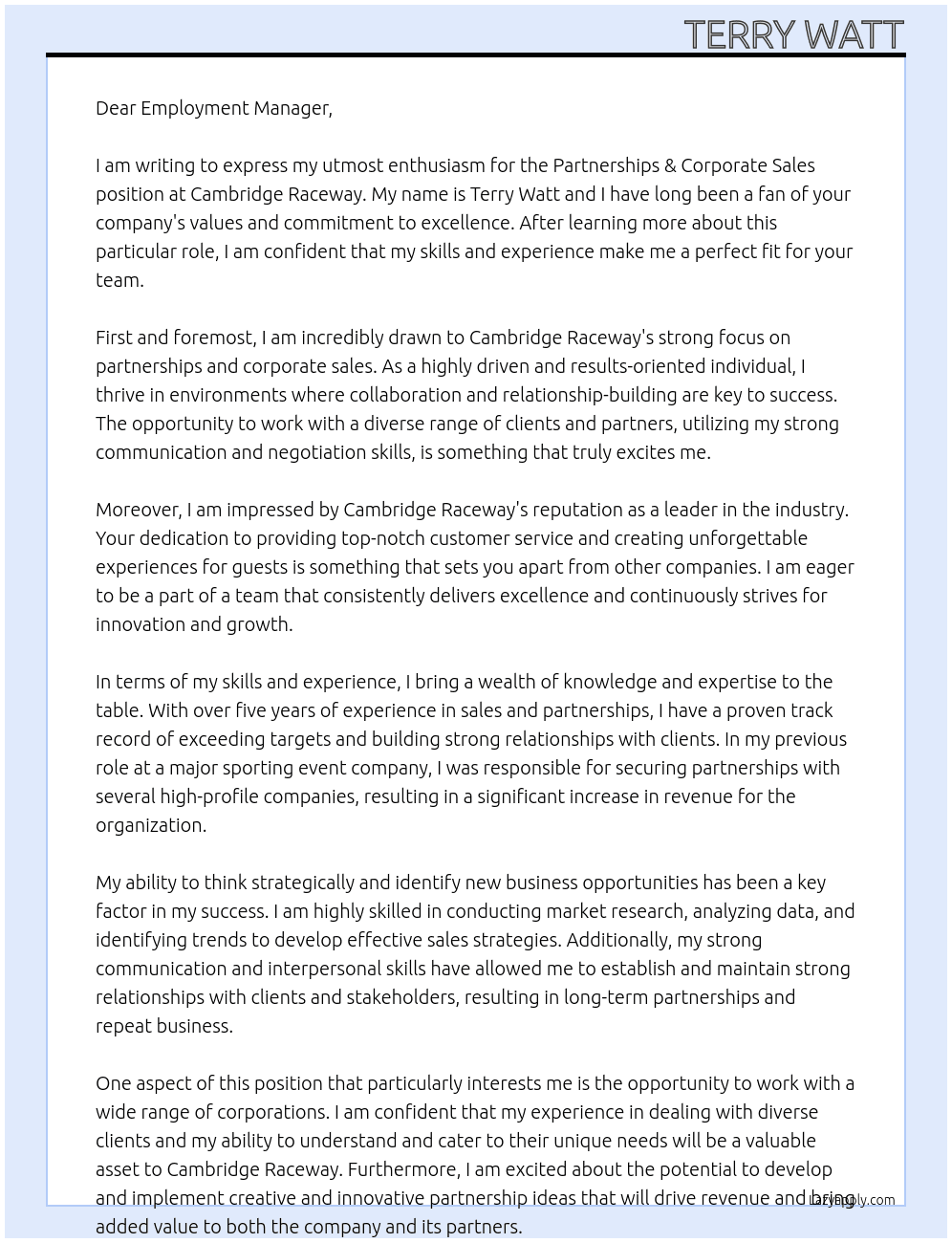 Partnerships & Corporate Sales At Cambridge Raceway Cover Letter