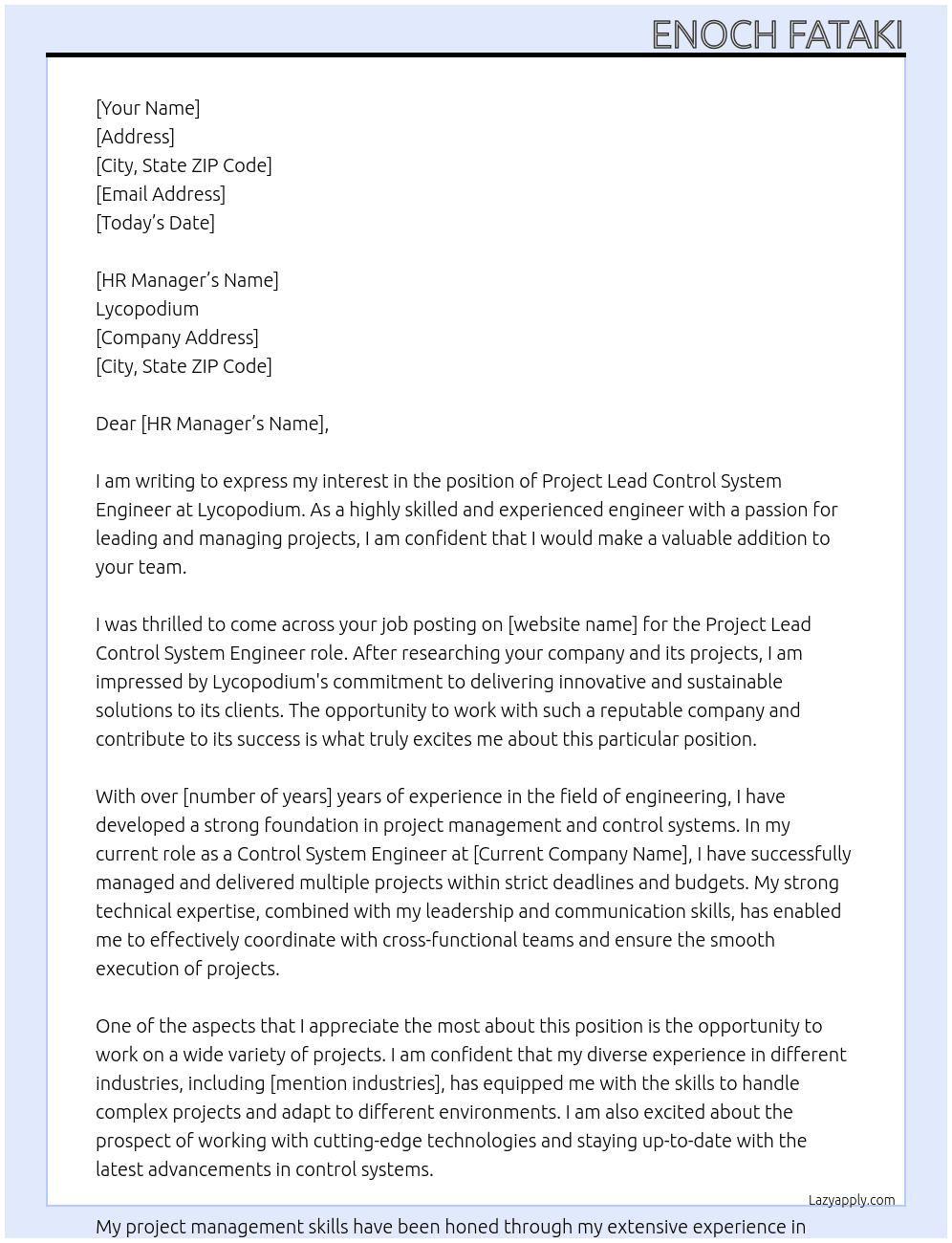 Project Lead control system Engineer At Lycopodium Cover Letter