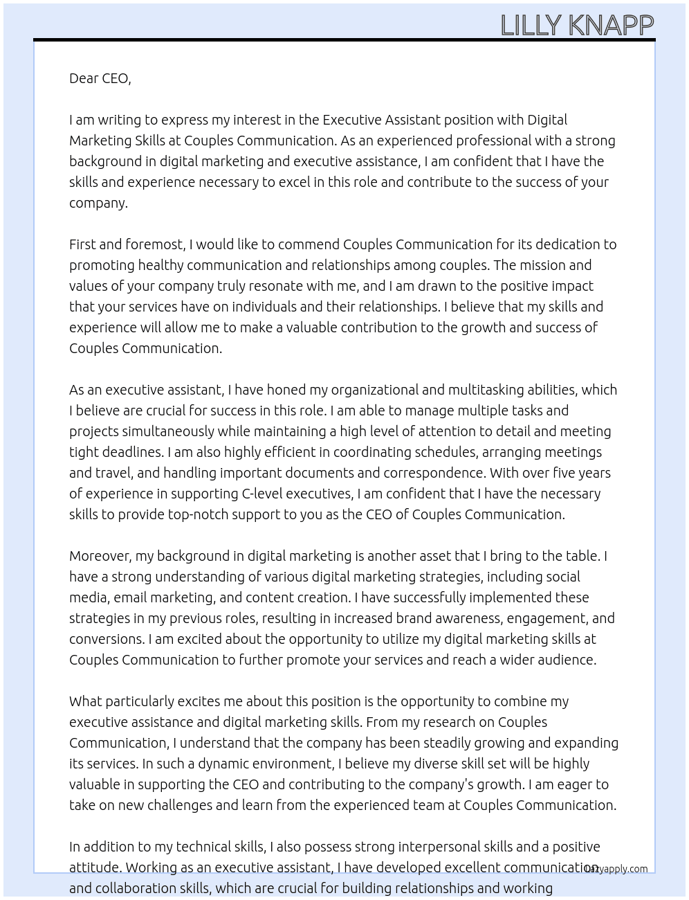 Executive Assistant with Digital Marketing Skills At Couples Communication  Cover Letter