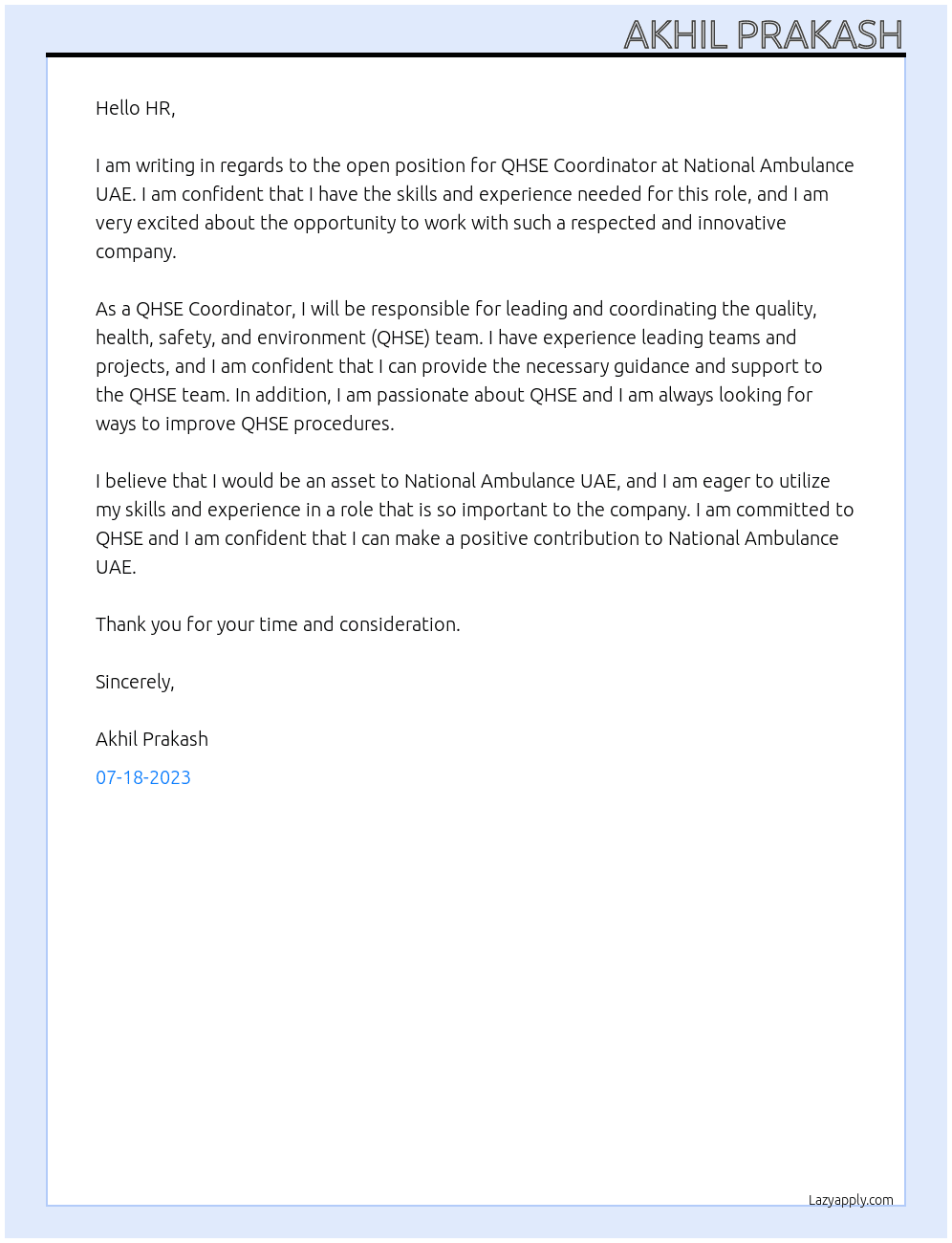 QHSE Coordinator  At National Ambulance UAE Cover Letter