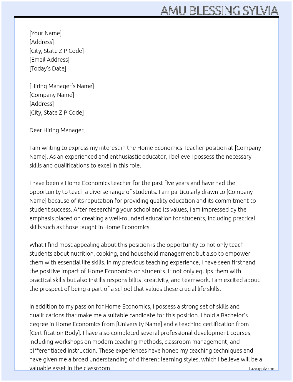 Home Economics teacher At School Cover Letter