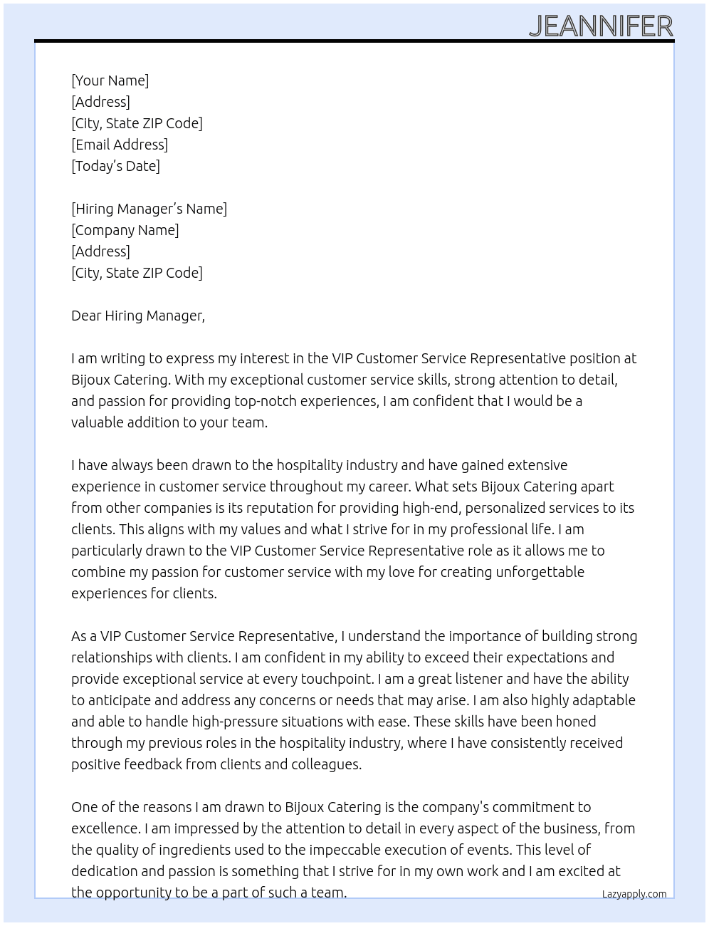 VIP Customer Service Representative At Bijoux Catering Cover Letter