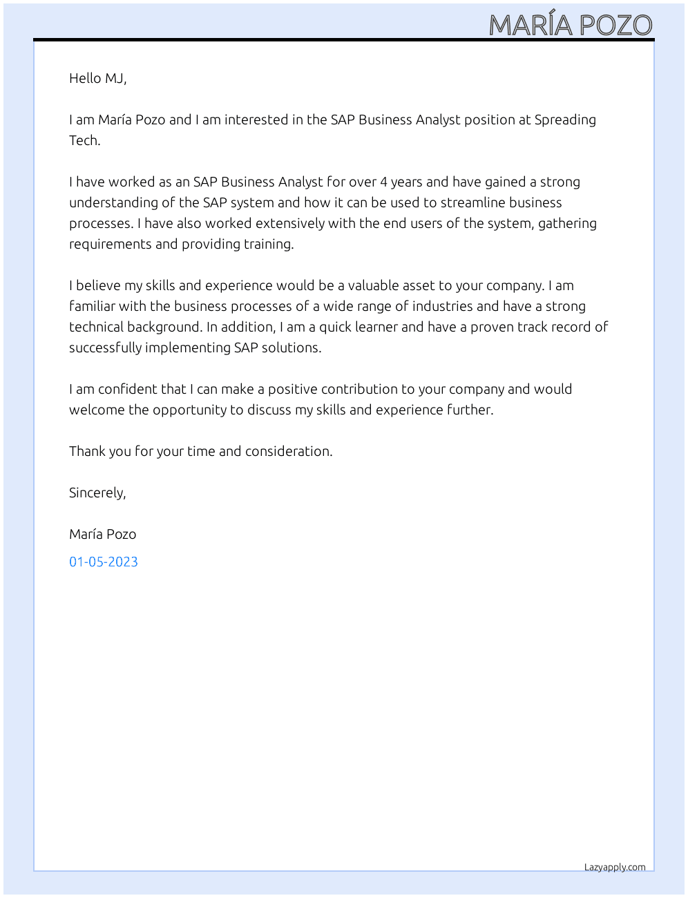 SAP Business Analyst At Spreading Tech Cover Letter