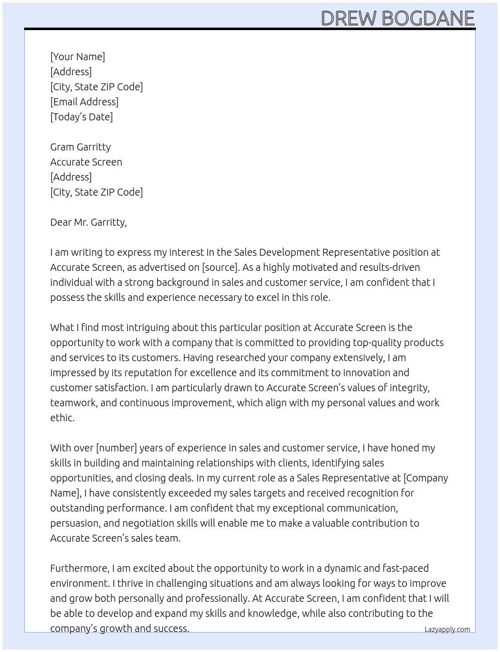 Sales Development Representative At Accurate screen  Cover Letter