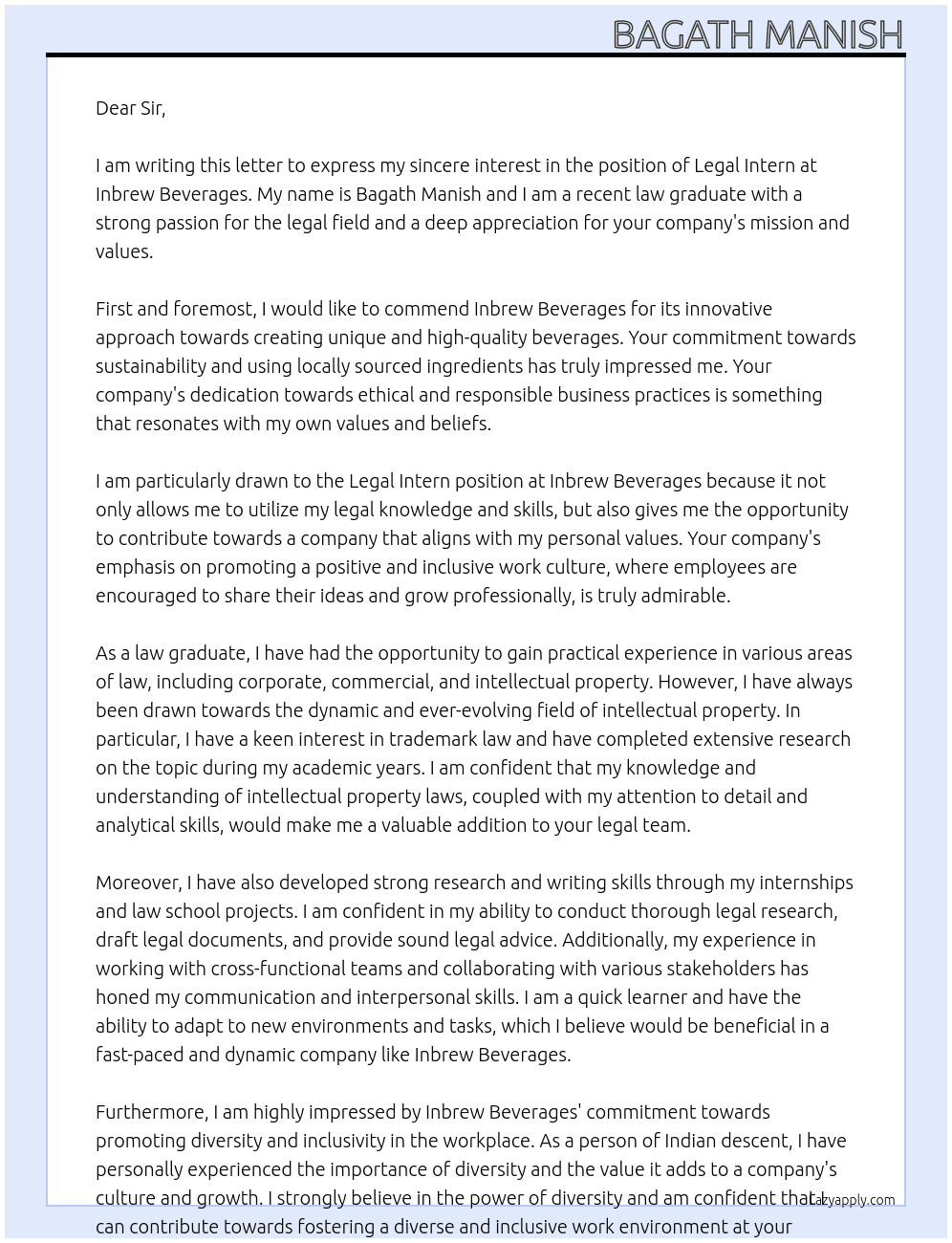 Legal Intern At Inbrew Beverages Cover Letter