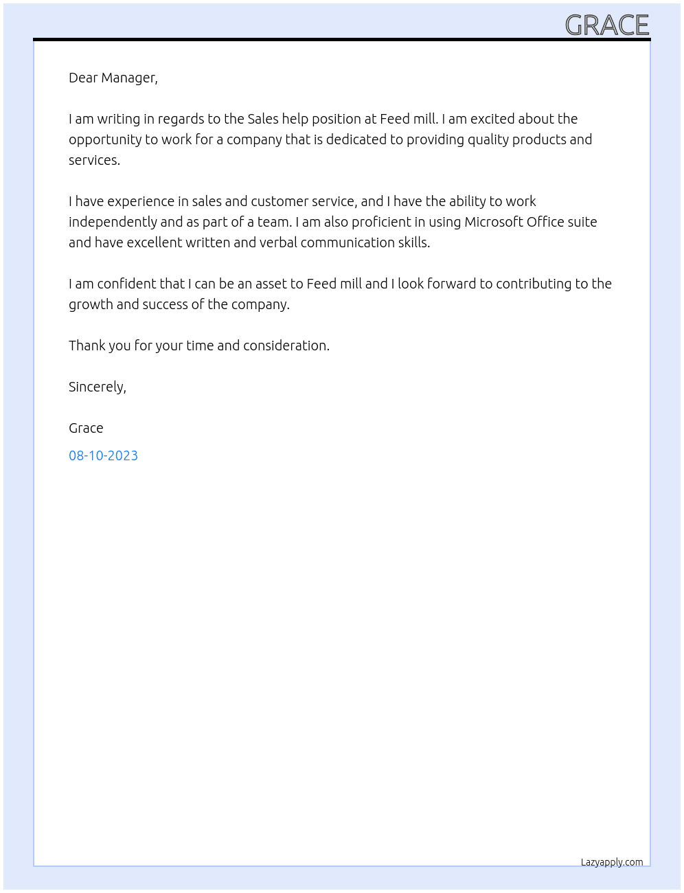 Sales help At Feed mill Cover Letter