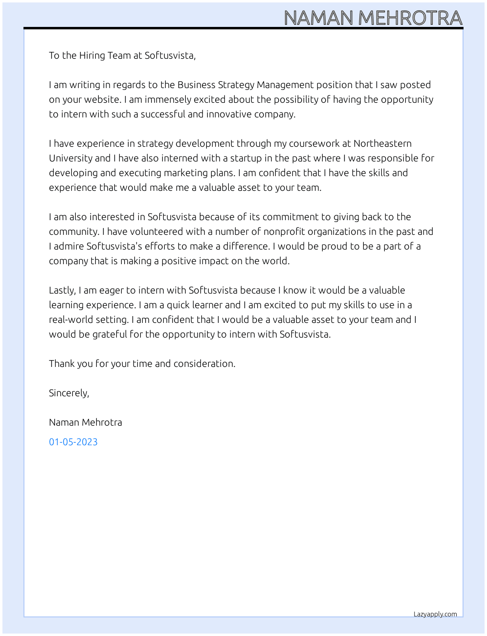 Cover letter for business strategy management - LazyApply