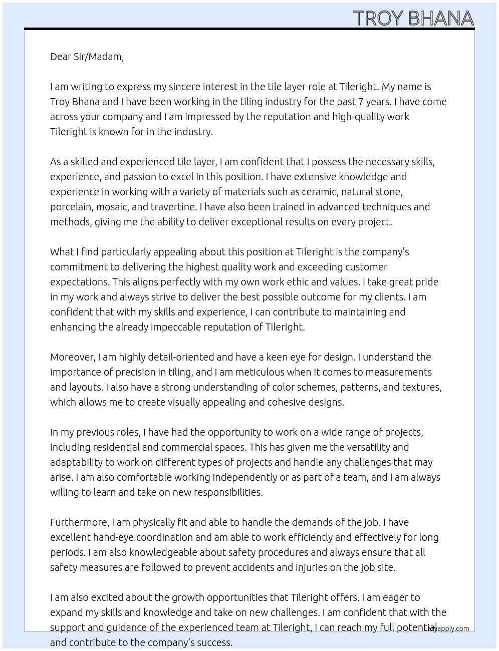 tile lay At Tileright Cover Letter