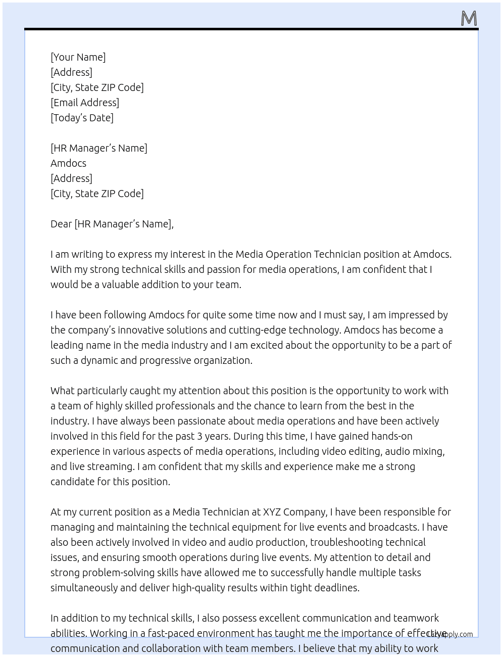 Media operation technician  At Amdocs Cover Letter