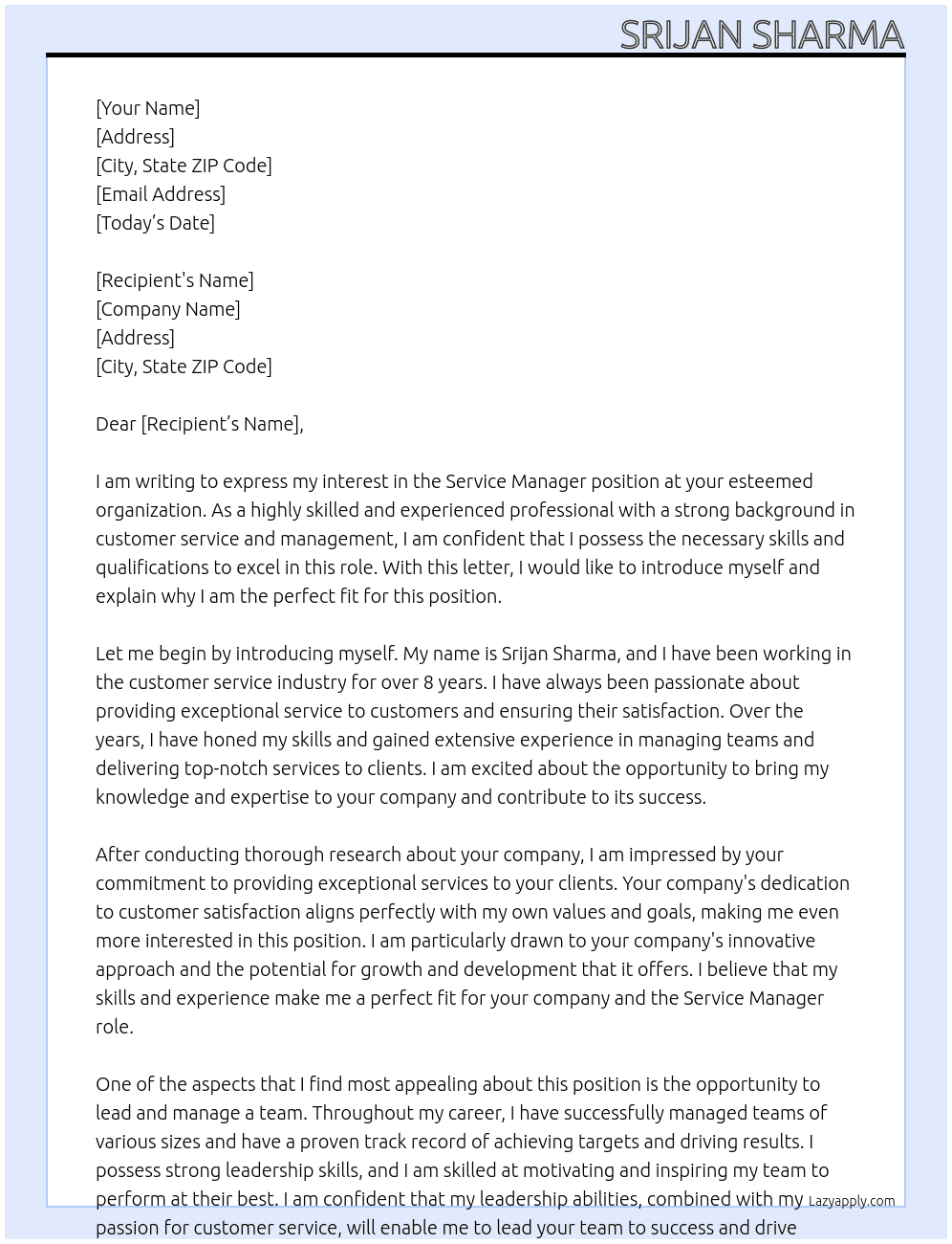 Service Manager At unknown Cover Letter