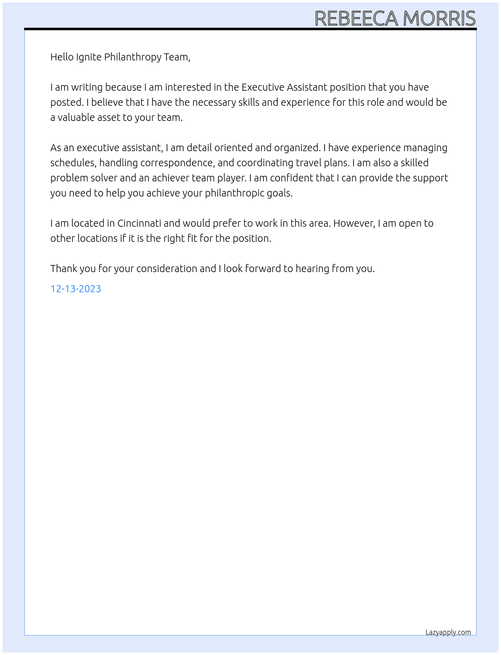 Executive Assistant  At Ignite Philanthropy  Cover Letter