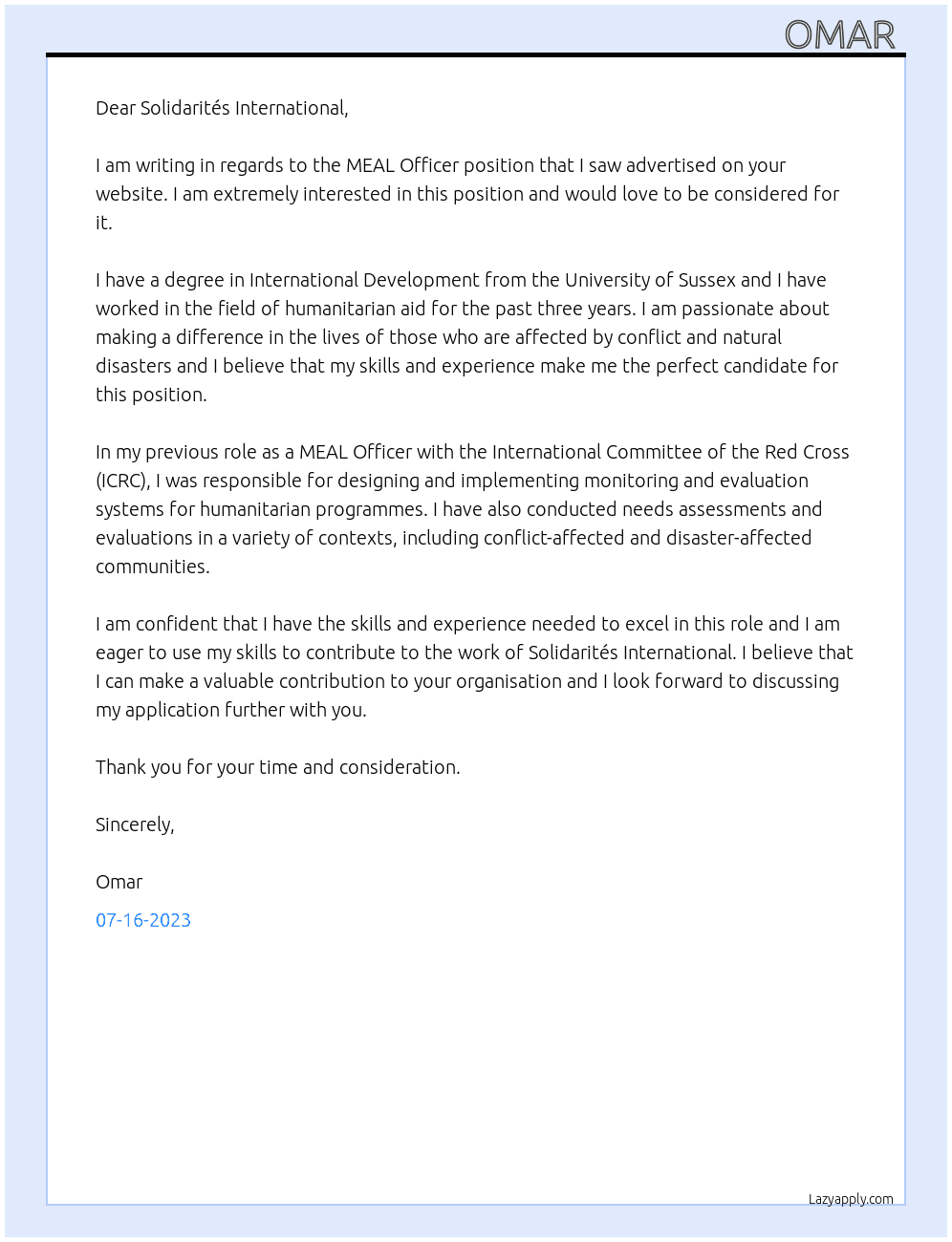 MEAL Officer At Solidarités Internationa Cover Letter
