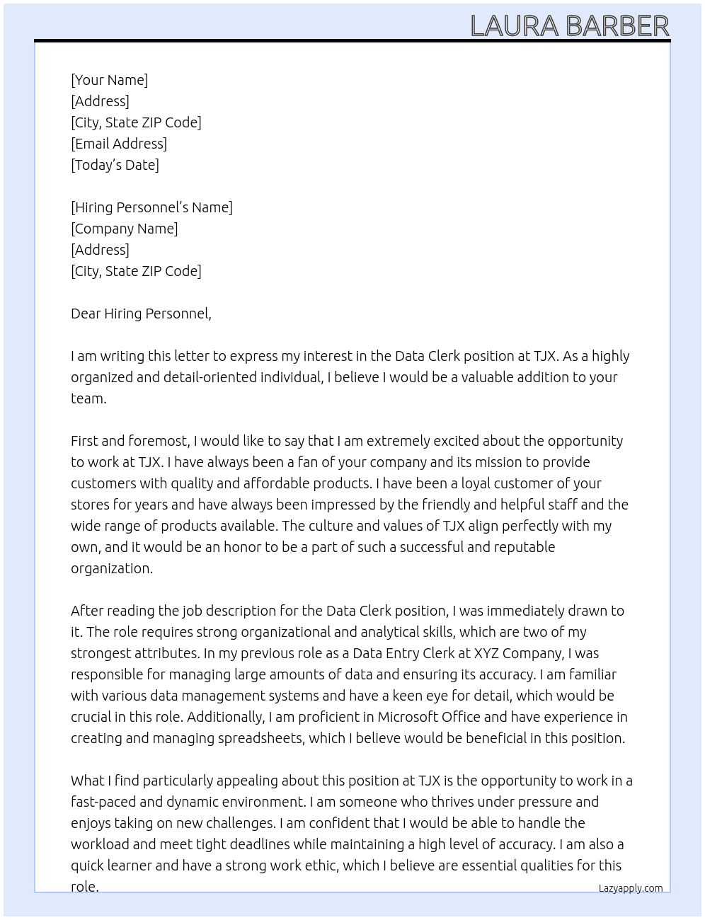Data Clerk  At TJX Cover Letter