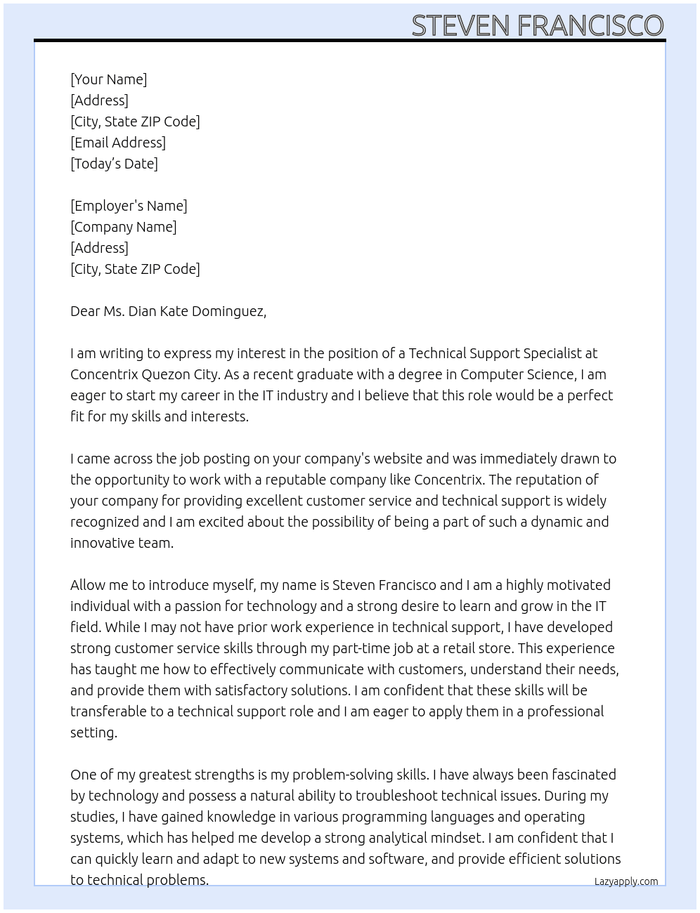 Technical Support Specialist without experience At Concentrix Quezon City Cover Letter