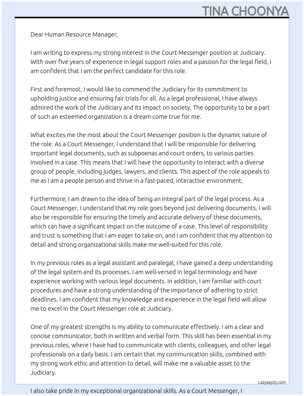 Court messenger At Judiciary Cover Letter