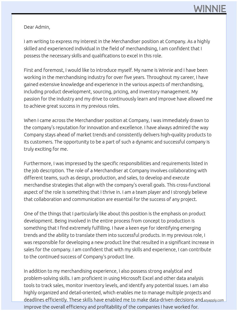 merchandiser At company Cover Letter