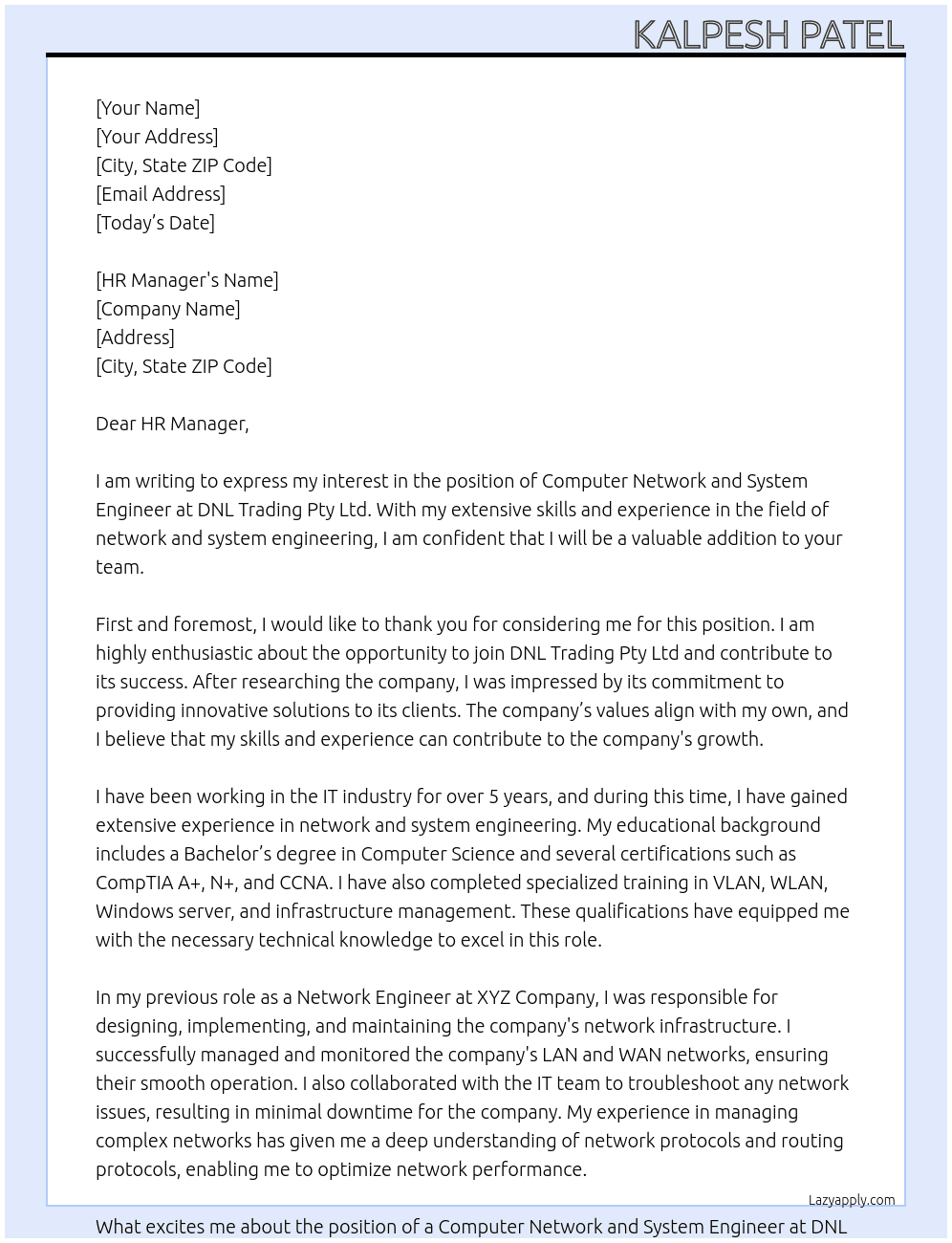 Computer network and system engineer At DNL TRADING PTY LTD Cover Letter