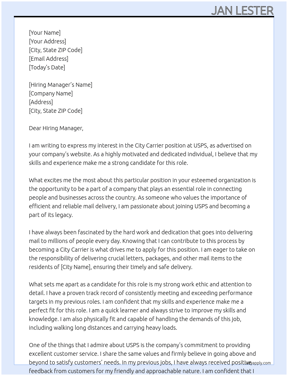city carrier At usps Cover Letter