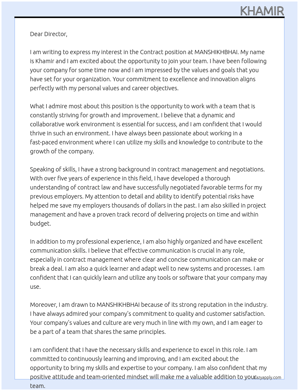 Contract At MANSHIKHBHAI  Cover Letter