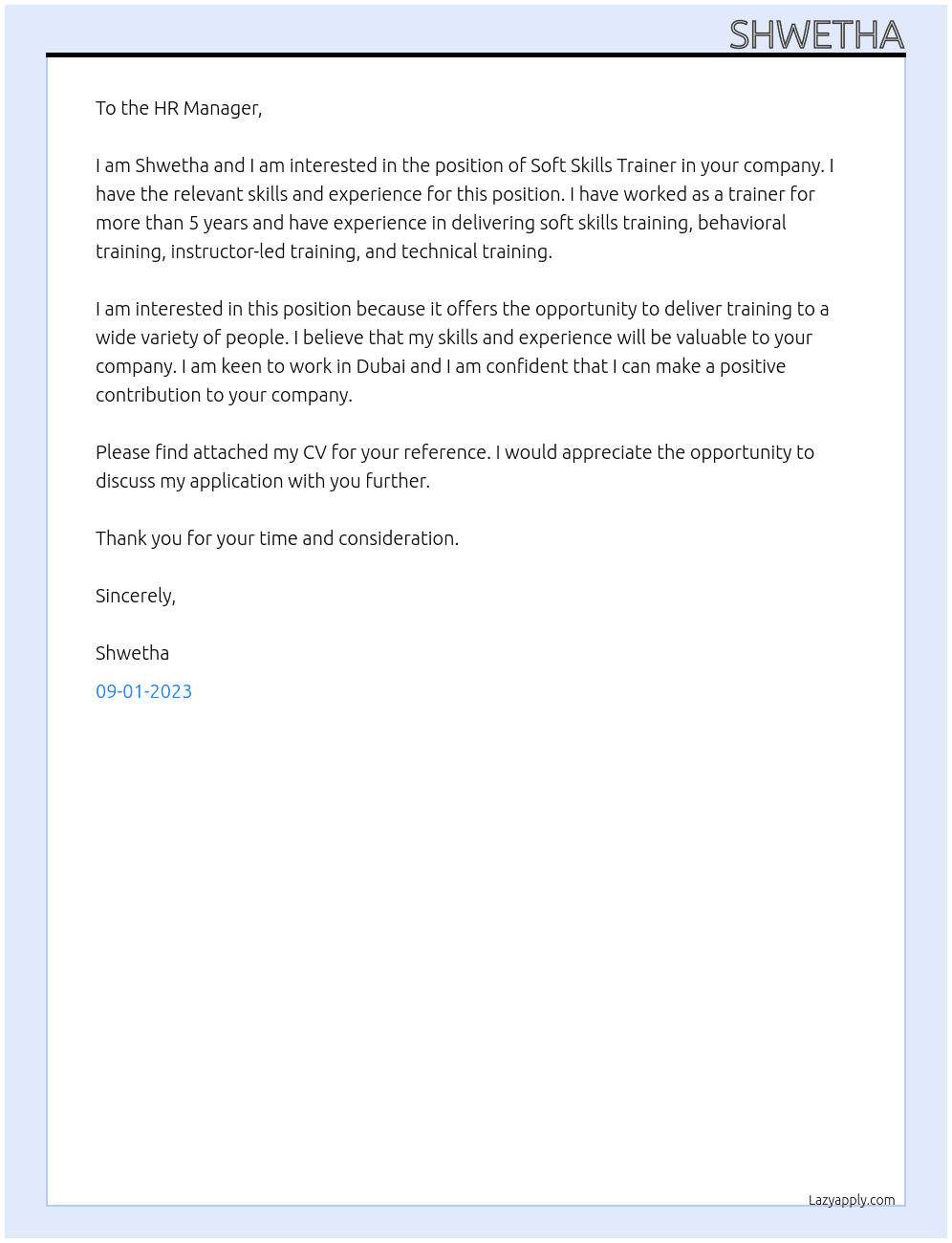 Soft skills Trainer At Property Finder Cover Letter