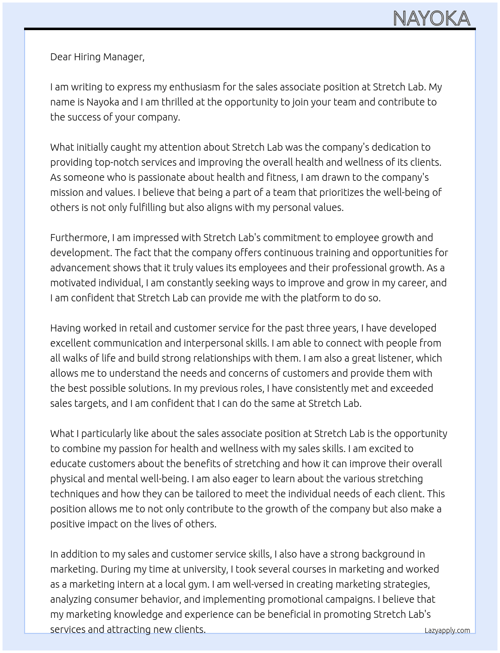 sales associate  At Stretch Lab Cover Letter