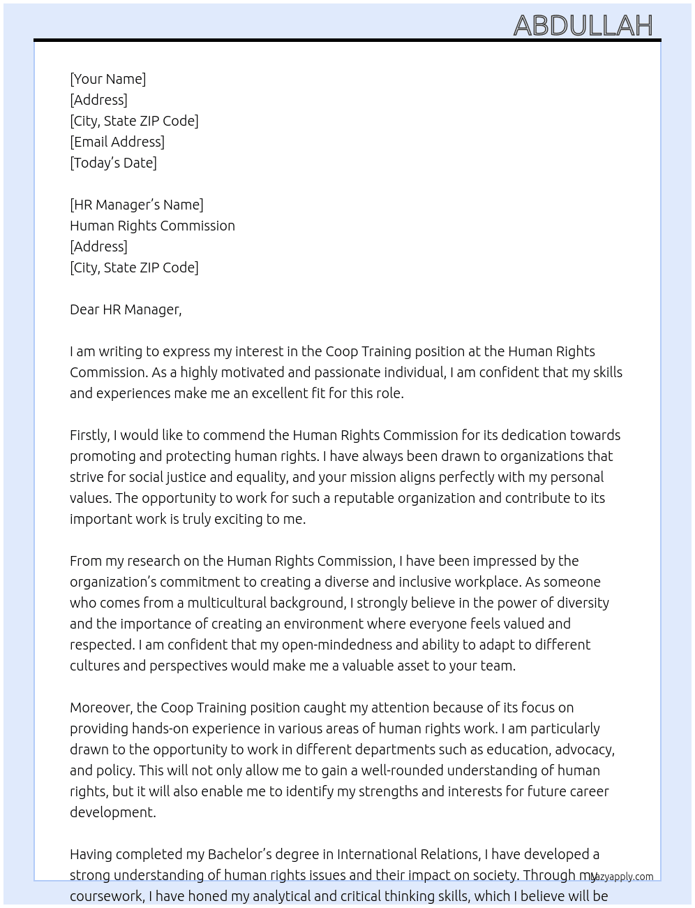 coop training At Human Rights Commision  Cover Letter
