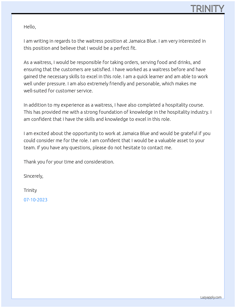 waitress At Jamaica Blue  Cover Letter