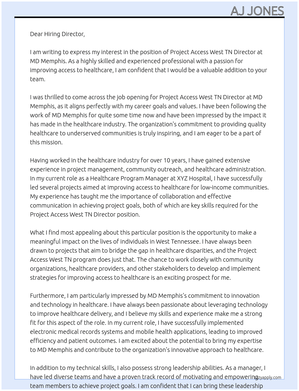 Project Access West TN Director At MD Memphis Cover Letter