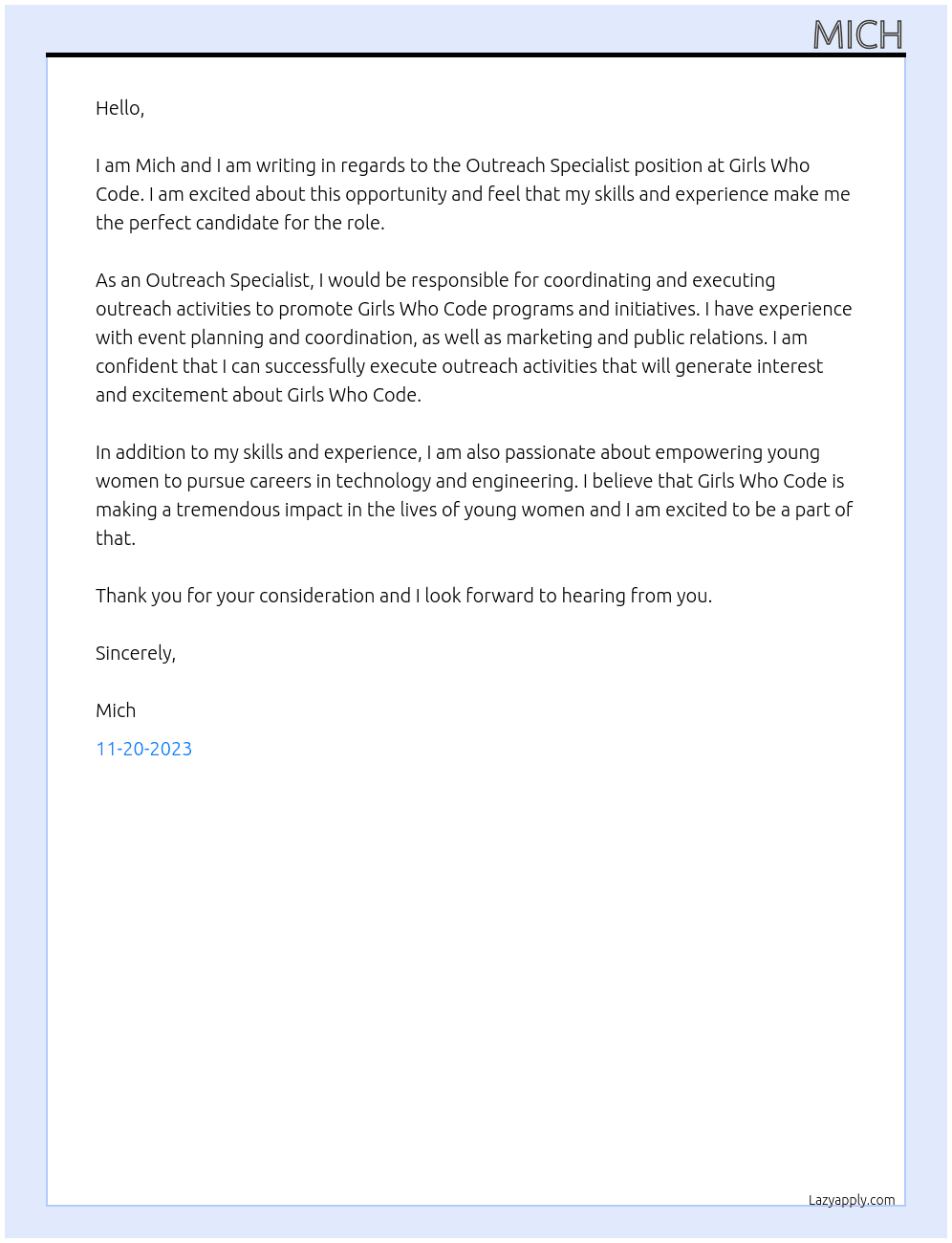 Outreach Specialist At Girls Who Can Code Cover Letter