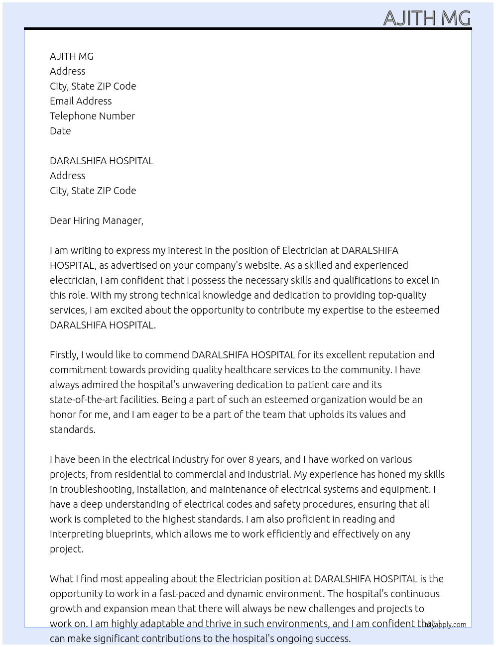 ELECTRICIAN  At HOSPITAL  CARRIER Cover Letter