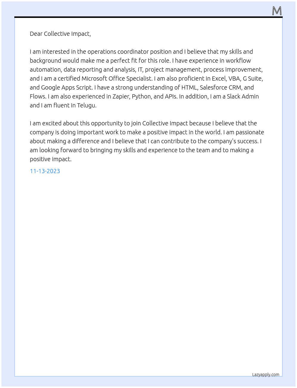 operations coordinator At Collective Impact Cover Letter