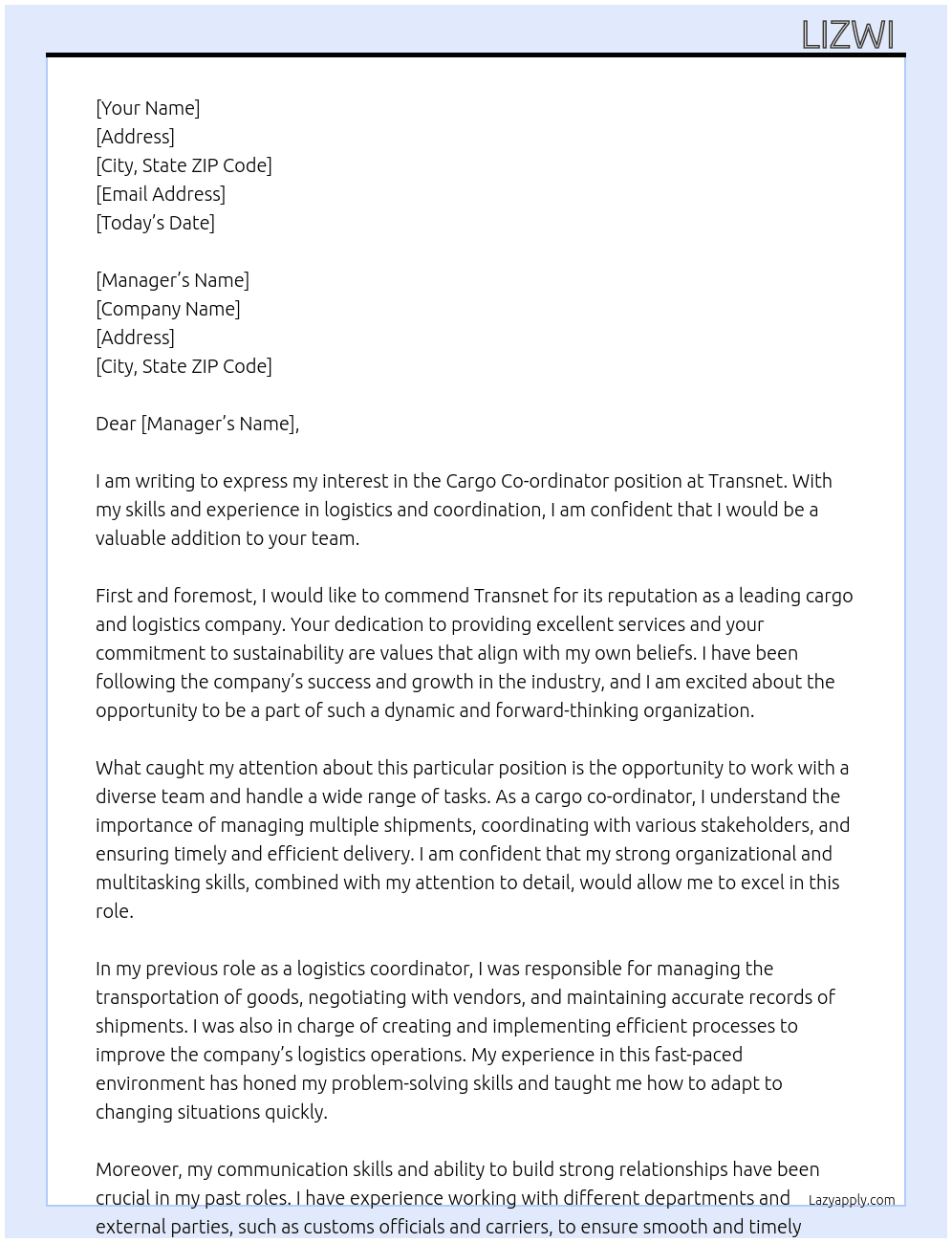 Cargo co-ordinator  At Transnet  Cover Letter