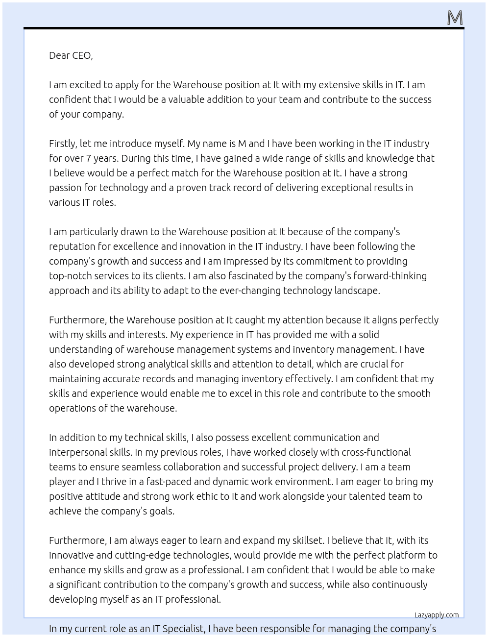 Wearhouse At It Cover Letter