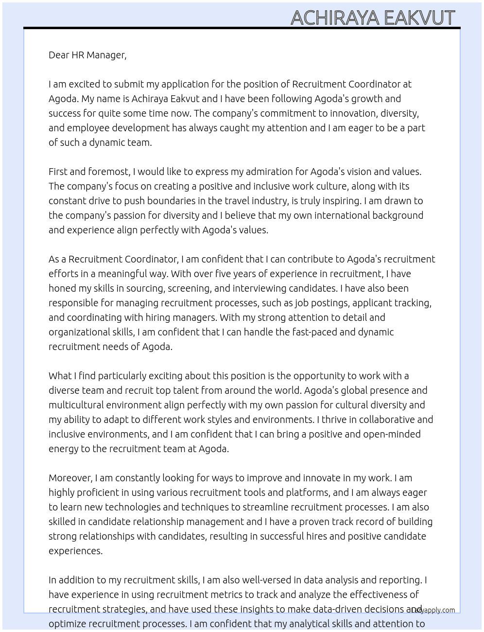 Recruitment Coordinator  At Agoda Cover Letter