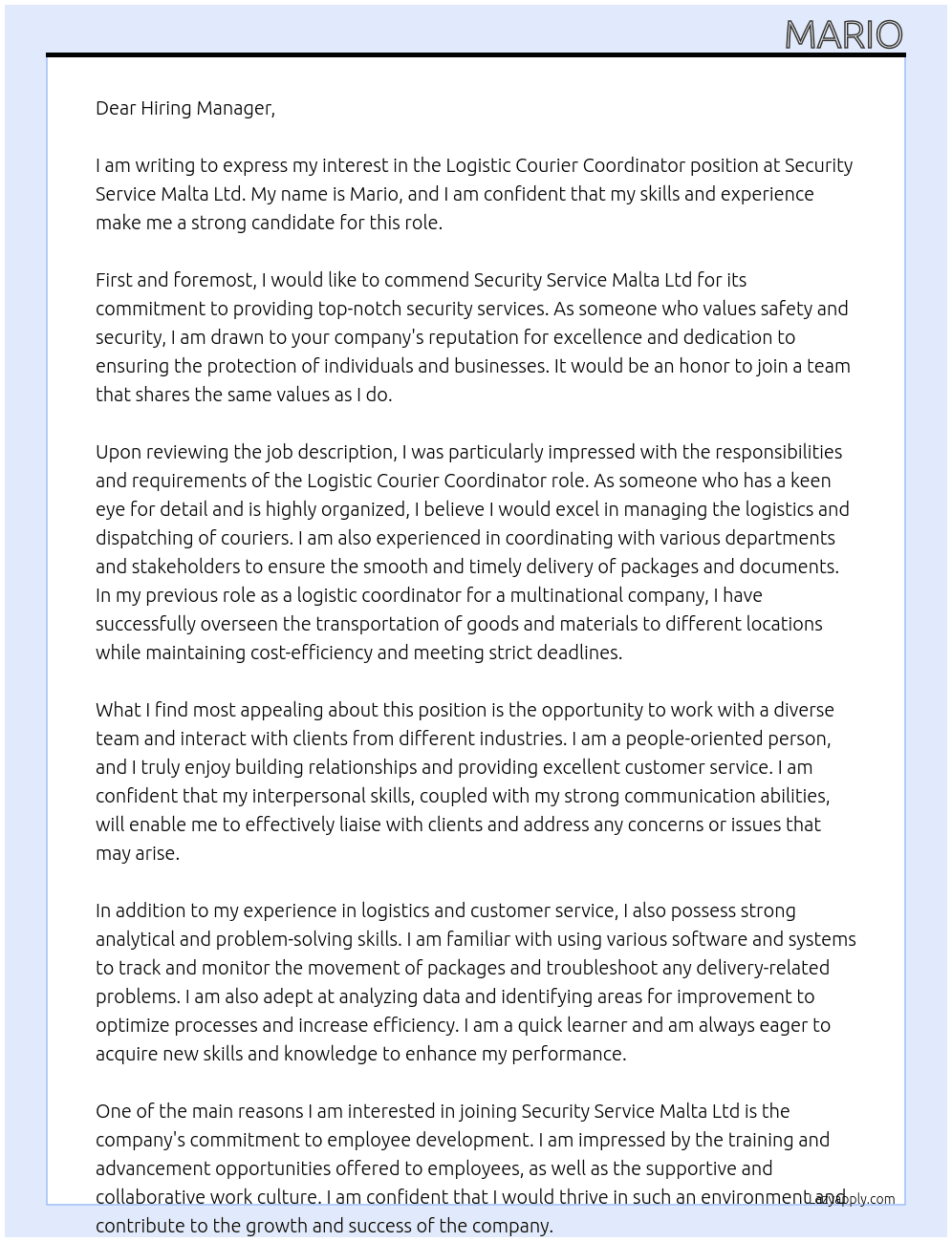 Logistic Courier Coordinator At Security Service Malta Ltd Cover Letter