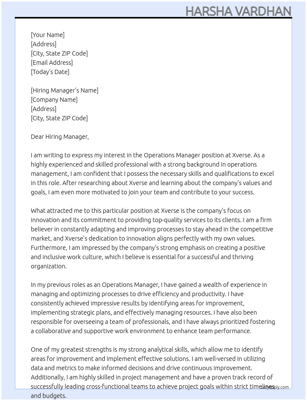 Opeations Manager At Xverse Cover Letter