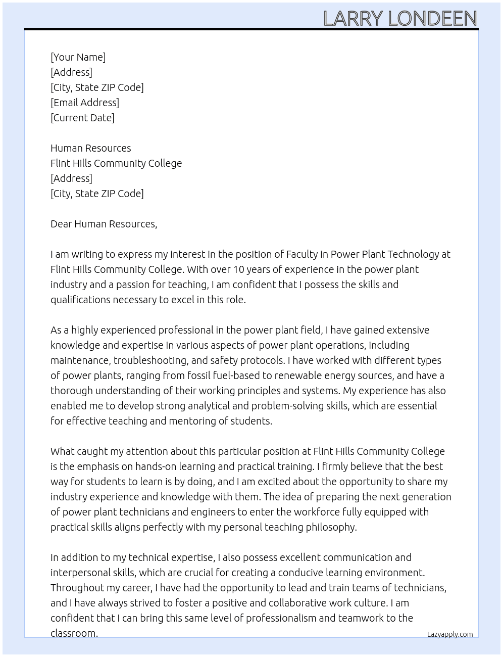 Faculty - Power Plant Technology At Flint Hills Community College Cover Letter