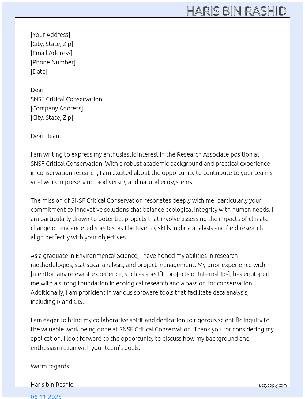 Research associate  At SNSF critical conservation  Cover Letter
