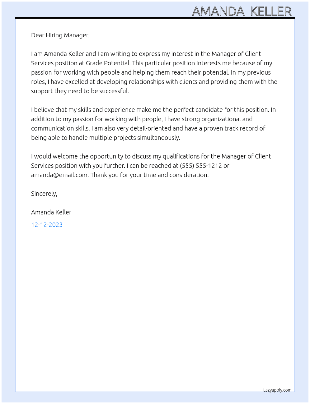 Manager of client services  At Grade potential  Cover Letter