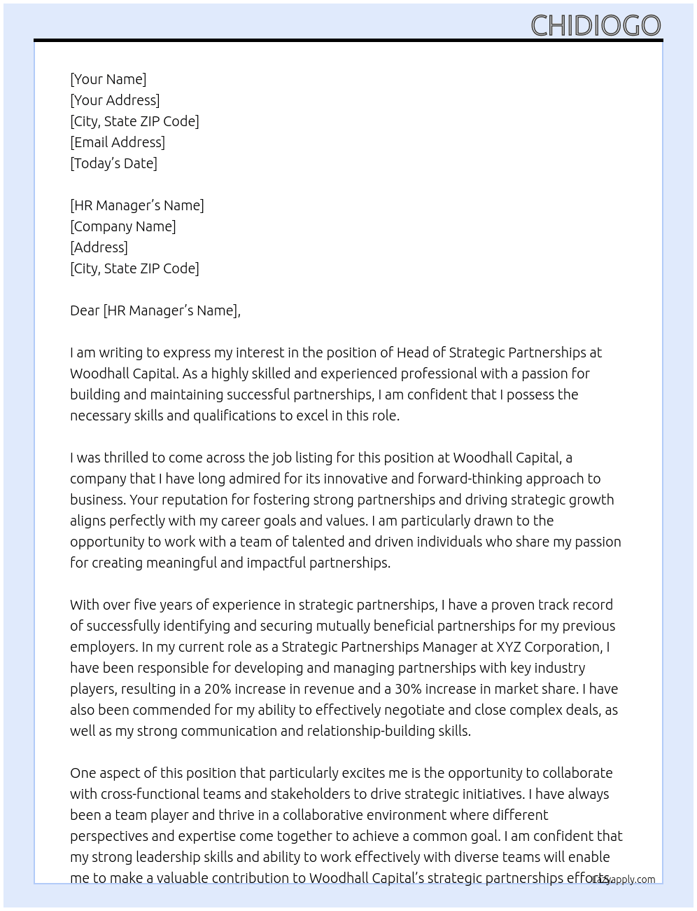 Head of StrategicPartnerships At Woodhall Capital Cover Letter