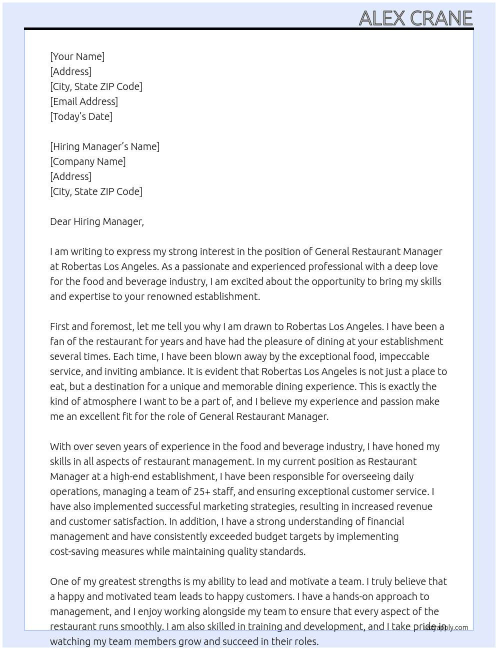 General restaurant manager At Robertas los angeles Cover Letter