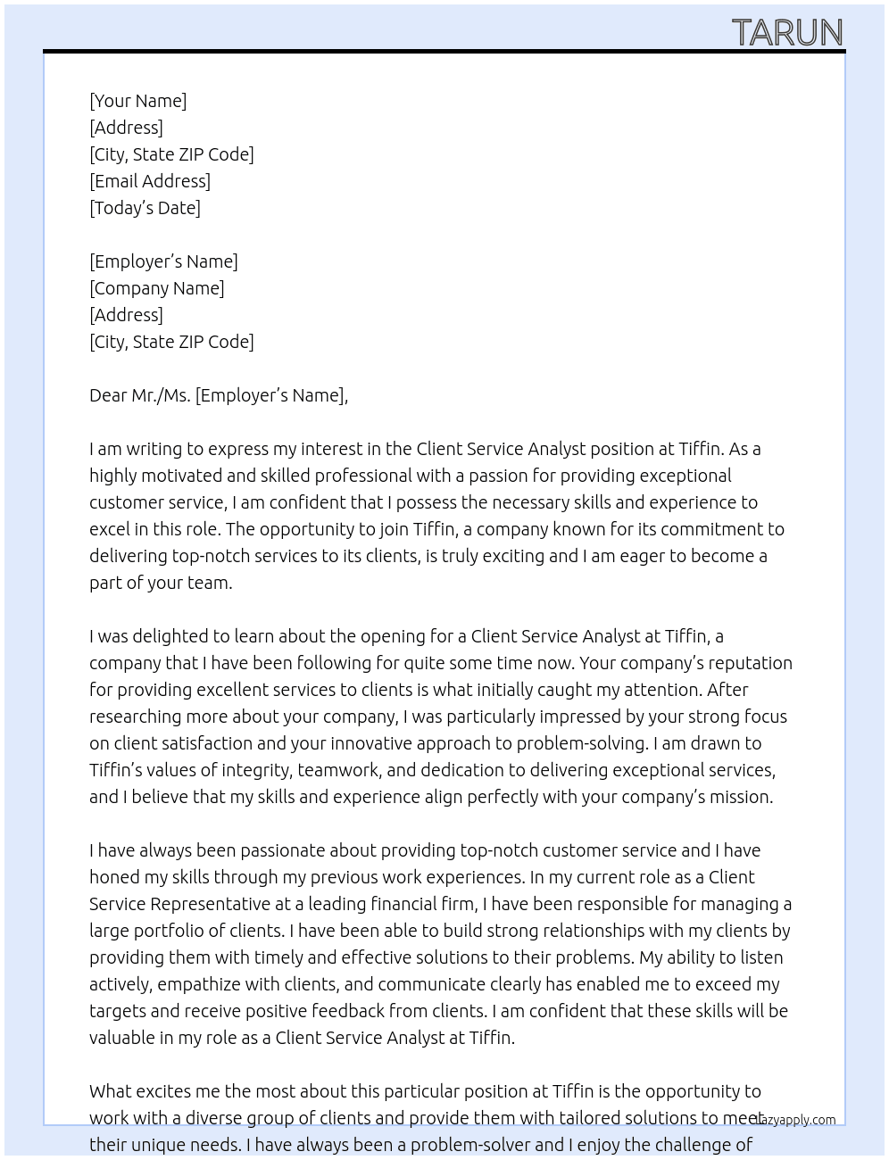 Client Service Analyst At Tiffin Cover Letter