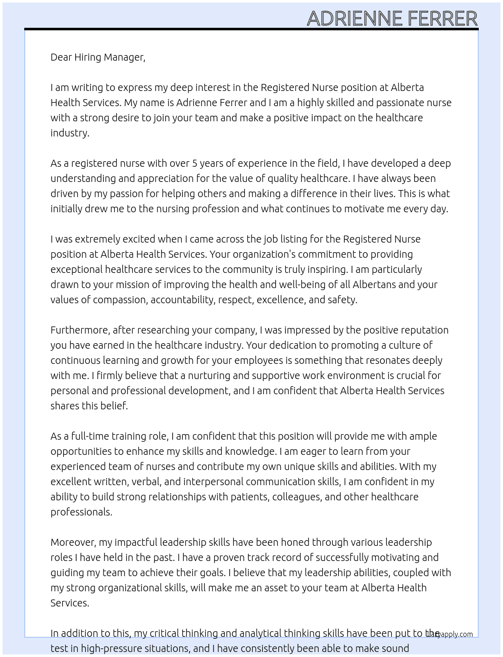 Registered Nurse At Alberta Health Services Cover Letter