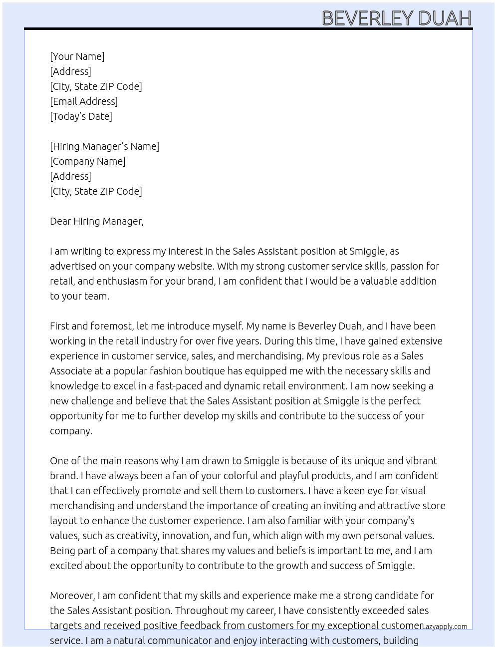 Sales Assistant  At Smiggle Cover Letter