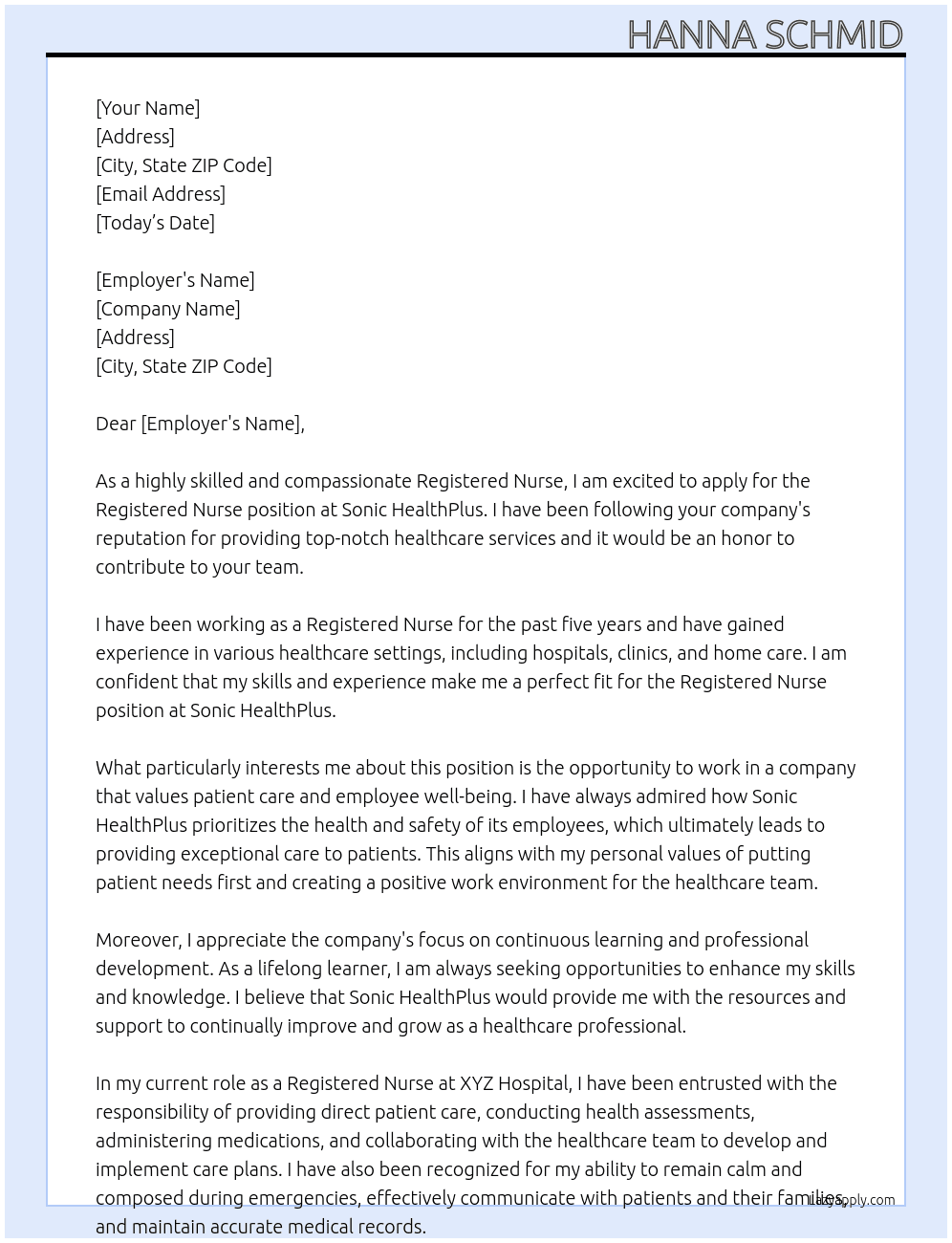 Registered Nurse At Sonic HealthPlus Cover Letter