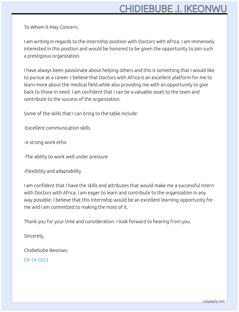 Internship At Doctors with Africa Cover Letter