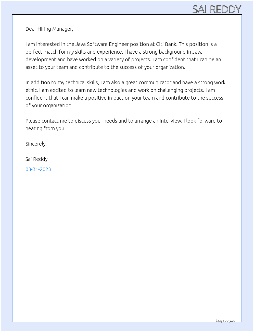 Java Software Engineer At Citi Bank Cover Letter