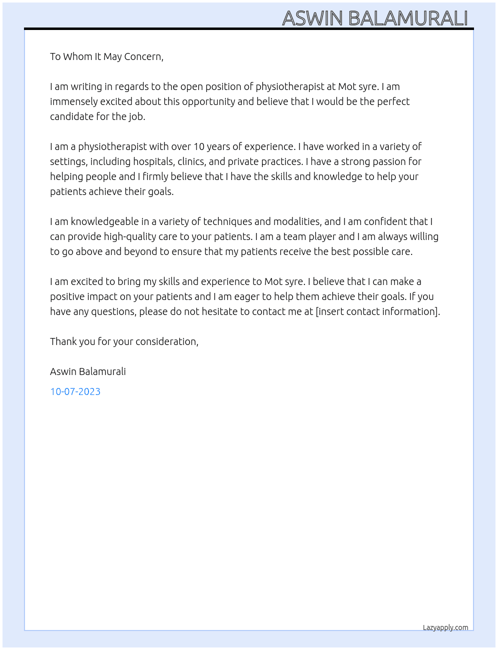 Physiotherapist  At Mot syre Cover Letter