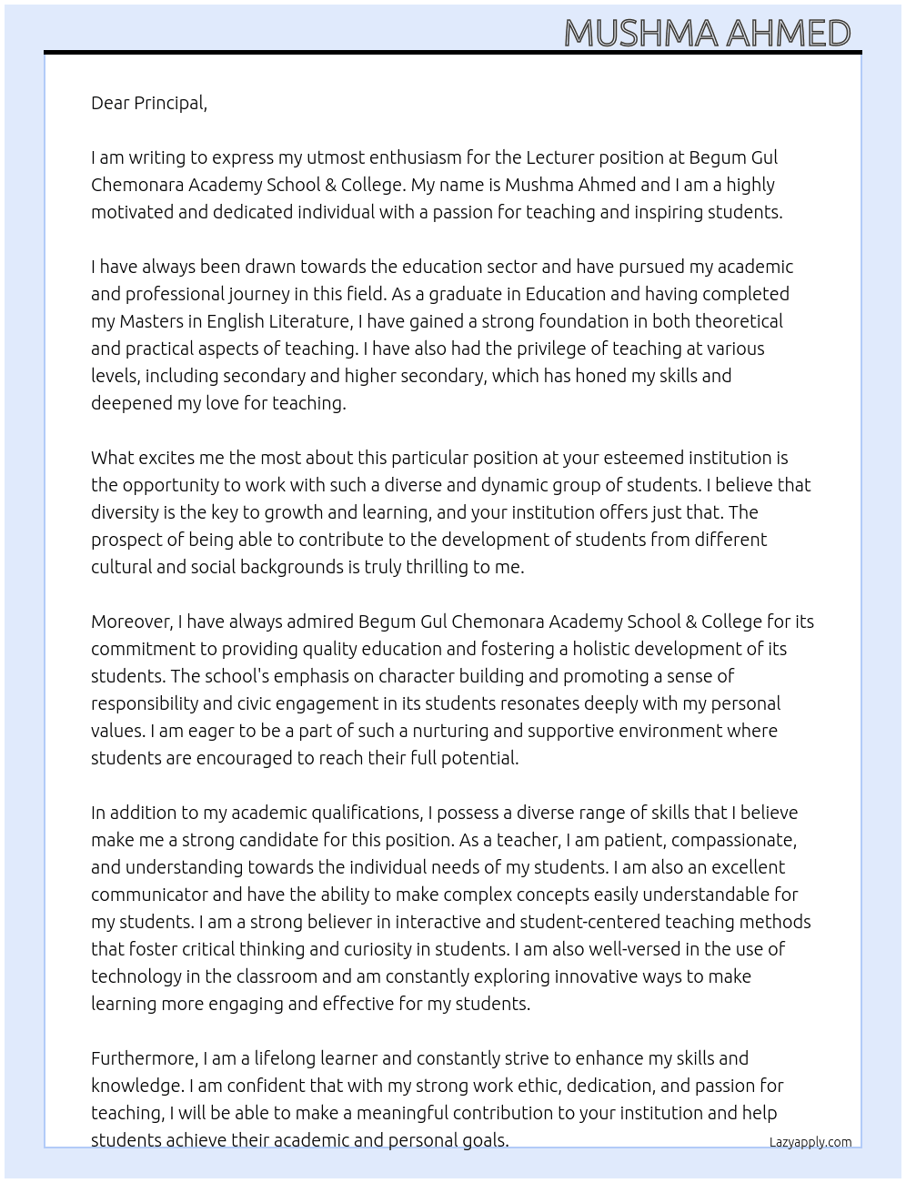 Lecturer  At Begum Gul Chemonara Academy School & College Cover Letter